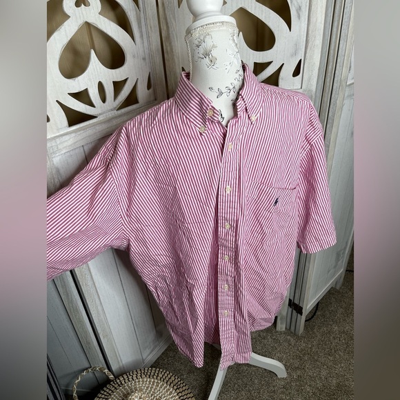 Ralph Lauren Button-Up Big Shirt Men's Size Large White Pink S/S Striped - Picture 2 of 5